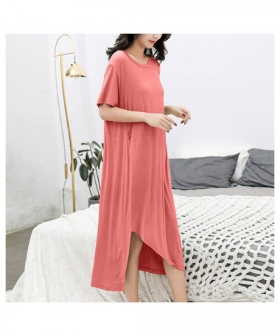 Women's Casual Sleep Dress Pleated Solid High Low Loose Short Sleeves Soft Nightgown - Red - CD18WAGHGI8 $40.47 Nightgowns & ...