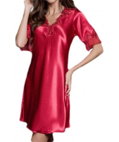 Women's Short Sleeve Comfort Soft Satin Solid Color V-Neck Nightgown Sleep Dress - Red - CB19DO4SOU8 $40.25 Nightgowns & Slee...