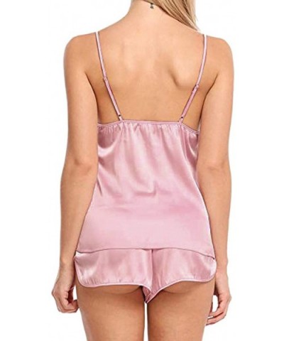 Women Sleepwear Sleeveless Strap Nightwear Lace Trim Satin Cami Top Pajama Sets - B-pink - CP18ULTSQ8E $16.37 Shapewear