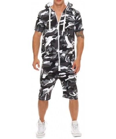 Men's Rompers Male Zipper Jumpsuit Shorts Camouflage One Piece Outfits Short Sleeve Casua Overalls Pajamas - Black - C0193WH8...