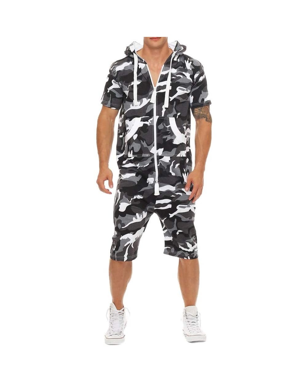 Men's Rompers Male Zipper Jumpsuit Shorts Camouflage One Piece Outfits Short Sleeve Casua Overalls Pajamas - Black - C0193WH8...