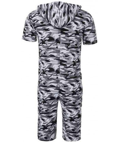 Men's Rompers Male Zipper Jumpsuit Shorts Camouflage One Piece Outfits Short Sleeve Casua Overalls Pajamas - Black - C0193WH8...