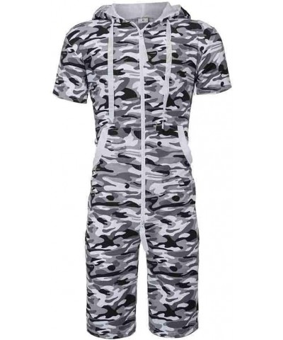 Men's Rompers Male Zipper Jumpsuit Shorts Camouflage One Piece Outfits Short Sleeve Casua Overalls Pajamas - Black - C0193WH8...