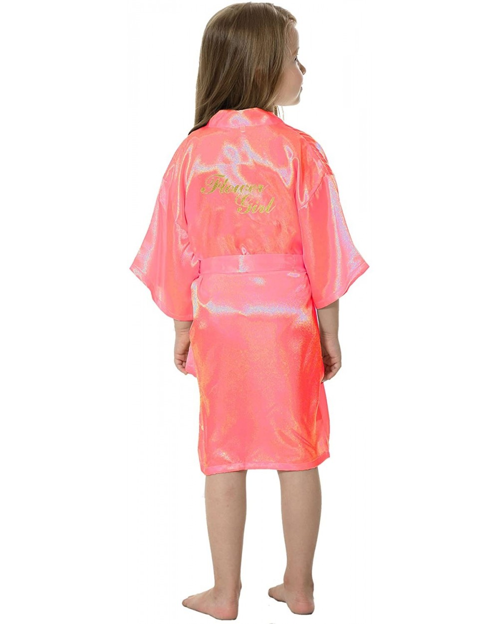 Satin Kimono Wedding Party Getting Ready Robe with Gold Glitter - Watermelon Red(flower Girl) - CW183Y4C8GL $15.18 Robes