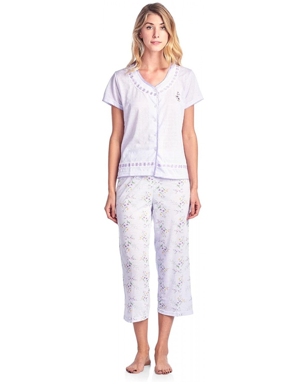 Women's Short Sleeve Floral Satin Lace Capri Pajama Set - Purple Pointelle - CB1888SZ0DO $30.92 Sets