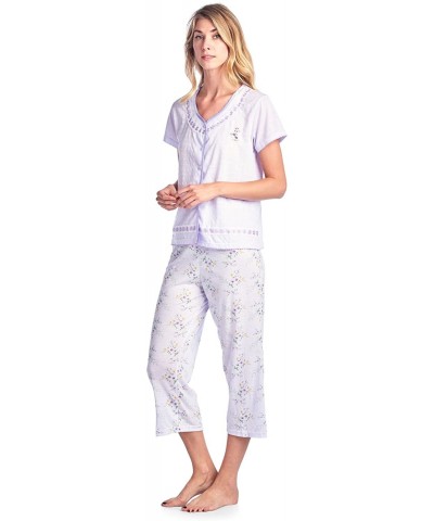 Women's Short Sleeve Floral Satin Lace Capri Pajama Set - Purple Pointelle - CB1888SZ0DO $30.92 Sets