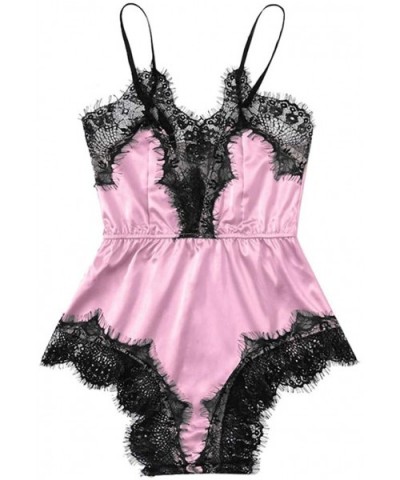 Fashion Womens Sexy Lingerie Girl V-Neck Lace Splice Bodysuit Sleepwear Bodydoll - B Pink - CS195XYW4UT $18.21 Baby Dolls & C...