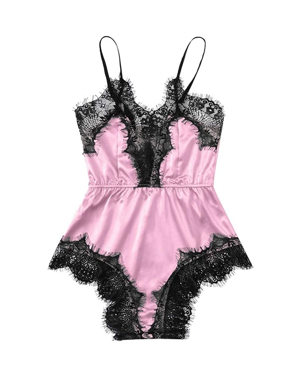 Fashion Womens Sexy Lingerie Girl V-Neck Lace Splice Bodysuit Sleepwear Bodydoll - B Pink - CS195XYW4UT $18.21 Baby Dolls & C...