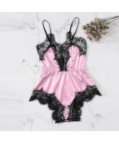 Fashion Womens Sexy Lingerie Girl V-Neck Lace Splice Bodysuit Sleepwear Bodydoll - B Pink - CS195XYW4UT $18.21 Baby Dolls & C...