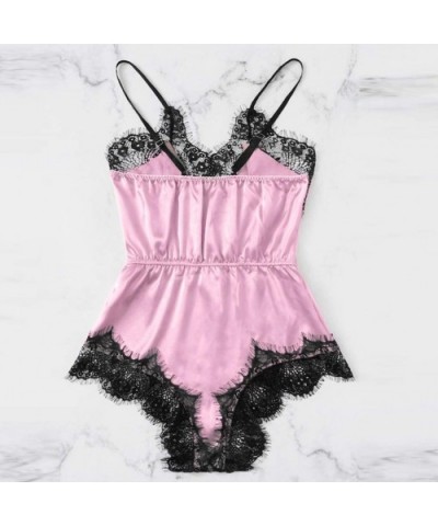 Fashion Womens Sexy Lingerie Girl V-Neck Lace Splice Bodysuit Sleepwear Bodydoll - B Pink - CS195XYW4UT $18.21 Baby Dolls & C...