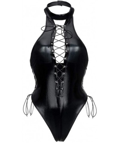 Women Sexy Lingerie Artificial Leather One Piece Babydoll Sexy Hollow Out Elastic Leotard Bodysuit - Black - CT19462T2K0 $33....