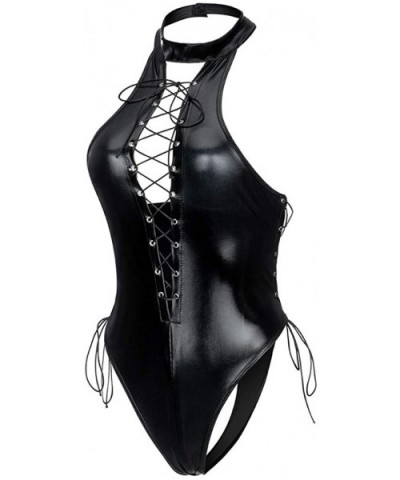 Women Sexy Lingerie Artificial Leather One Piece Babydoll Sexy Hollow Out Elastic Leotard Bodysuit - Black - CT19462T2K0 $33....