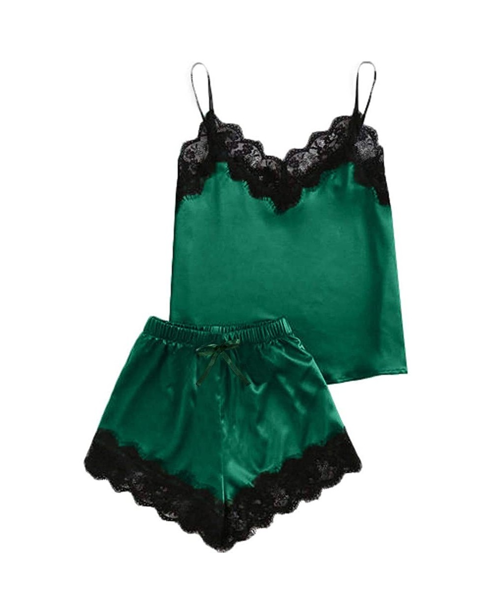 Women Exotic Pajama Sets-Sleeveless Strap Lace Satin Tops and Shorts - Green - C218SXODKZD $13.62 Bustiers & Corsets