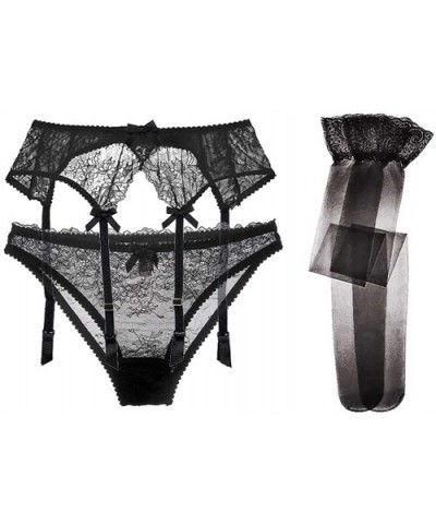 Sexy See-Through Floral Lace Underwear Garters Panties Stockings 3Pcs - Black - CR192O2SIS8 $26.35 Garters & Garter Belts