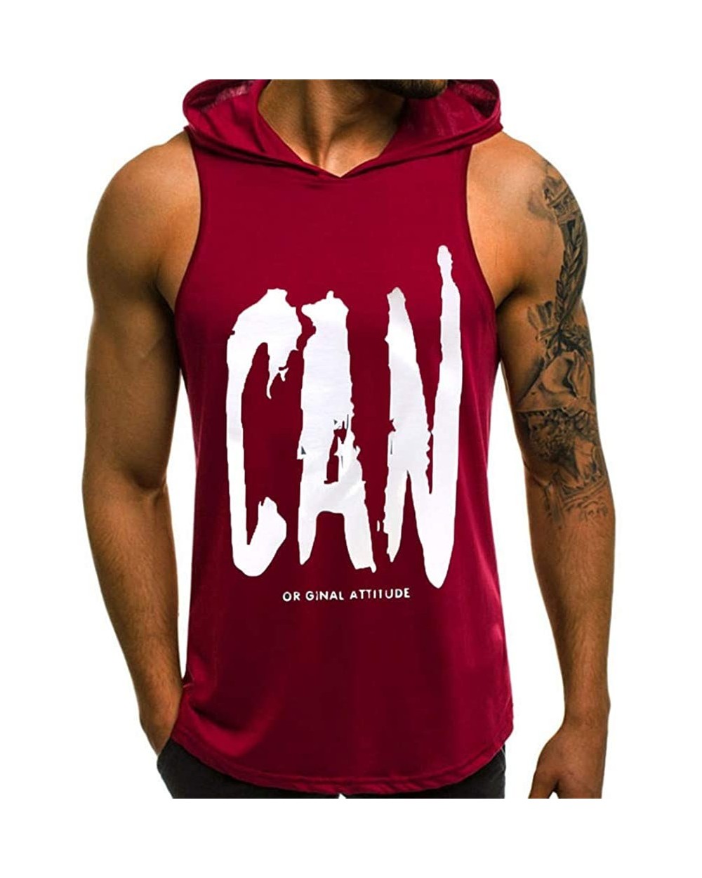 Printing Hooded for Men- Hipster Casual Bodybuilding Muscle Gilet Waistcoat Sleeveless Sweatshirt Vest Tank Tops - Red - CR18...