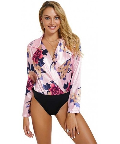 Women Deep V Neck Floral Print Bodysuit Shirt Tops - Pink - CJ18DOG632T $26.61 Shapewear