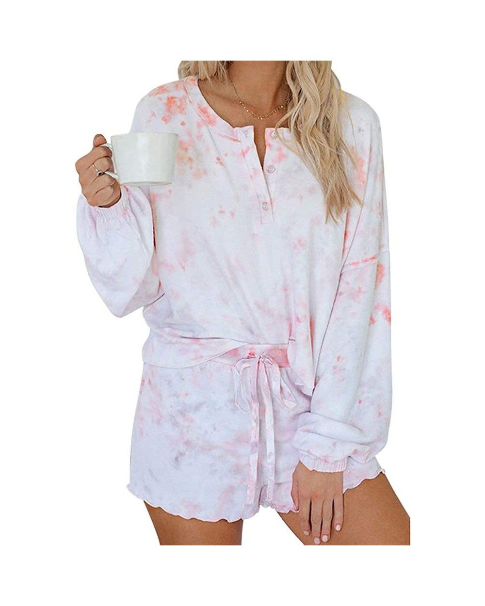 Women 2 Piece Tie Dye Pajama Set Long Ruffles Sleeve Tops and Shorts Lounge Set Nightwear Sleepwear - CN190ZRZ57K $34.80 Sets