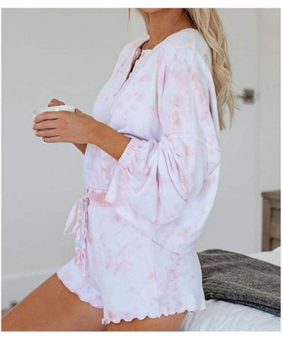 Women 2 Piece Tie Dye Pajama Set Long Ruffles Sleeve Tops and Shorts Lounge Set Nightwear Sleepwear - CN190ZRZ57K $34.80 Sets