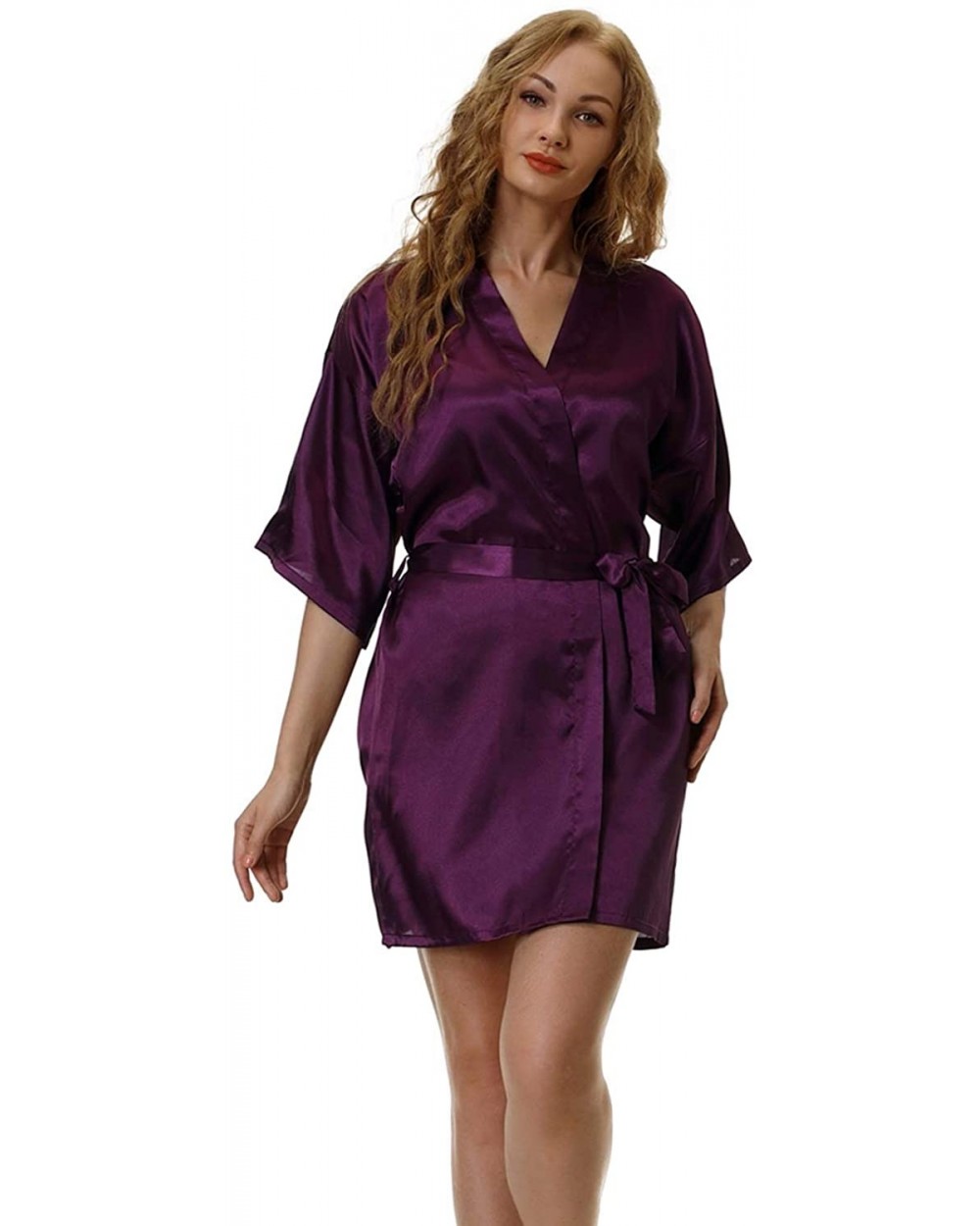 Womens Short Satin Robe Pure Silky Kimono Bridal Bridesmaid Bathrobe Wedding Party Robes Sleepwear - Purple - C8199UK9EL2 $18...