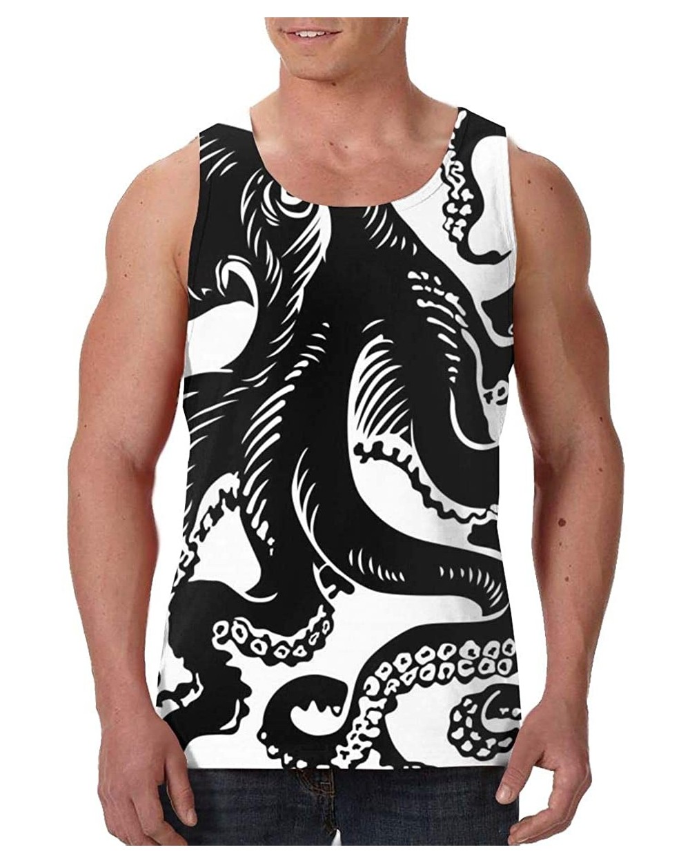 Men Muscle Tank Top Summer Beach Holiday Fashion Sleeveless Vest Shirts - Classic Black Octopus Tattoo Design White - C119DSQ...