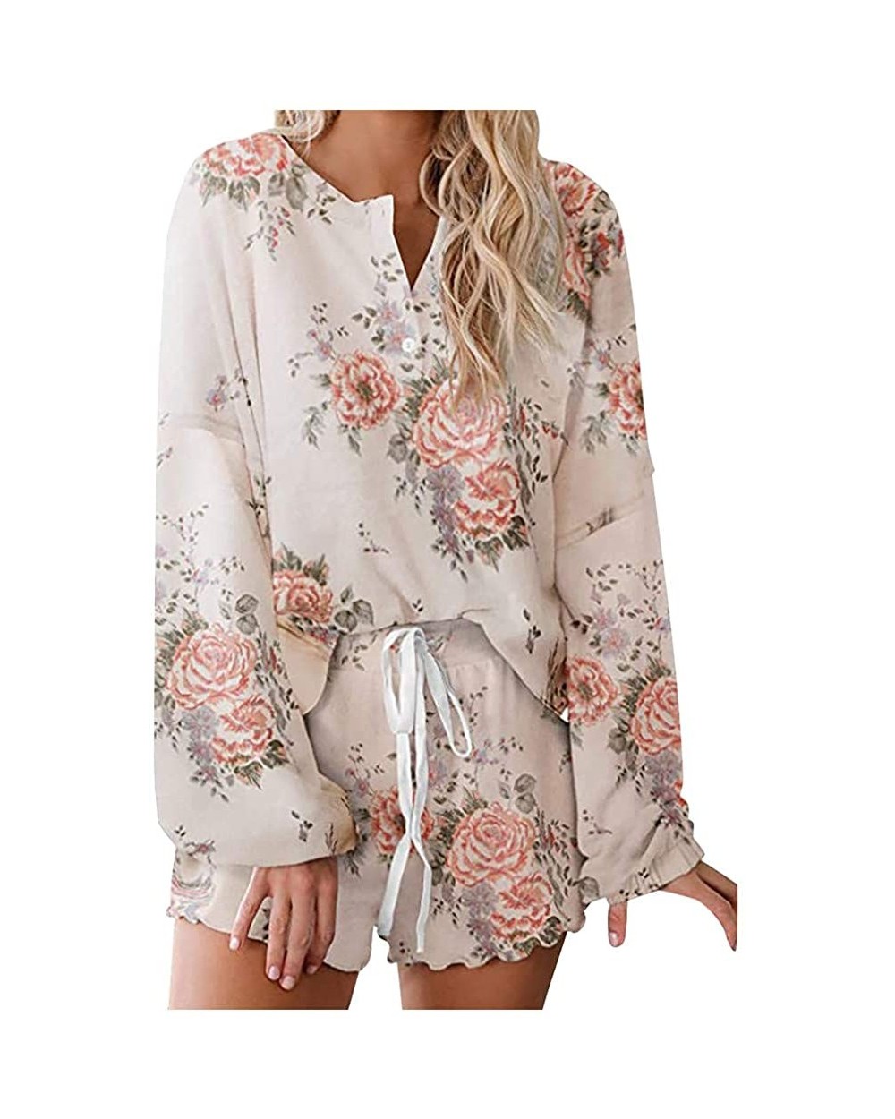 Womens Tie-Dye Printed Shorts Long Sleeve Tops 2 Piece Pajamas Set Sleepwear - Beige - CB1902S5G74 $49.76 Sets