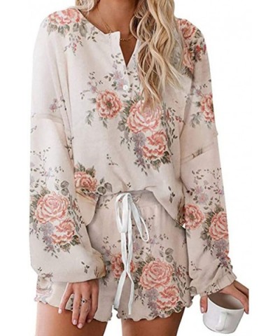 Womens Tie-Dye Printed Shorts Long Sleeve Tops 2 Piece Pajamas Set Sleepwear - Beige - CB1902S5G74 $49.76 Sets