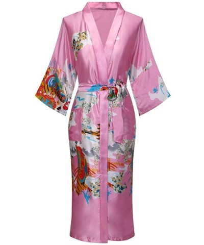 Women's Long Kimono Robe Lightweight Silk Bathrobe Nightgown with Pockets - Pagoda& Geisha Pink - CS12MBRUV6J $34.35 Robes