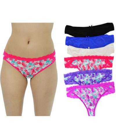 Thongs Panties for Women (Pack of 6) - Floral Lace/Solid Microfiber - C112OBHESFS $24.49 Panties