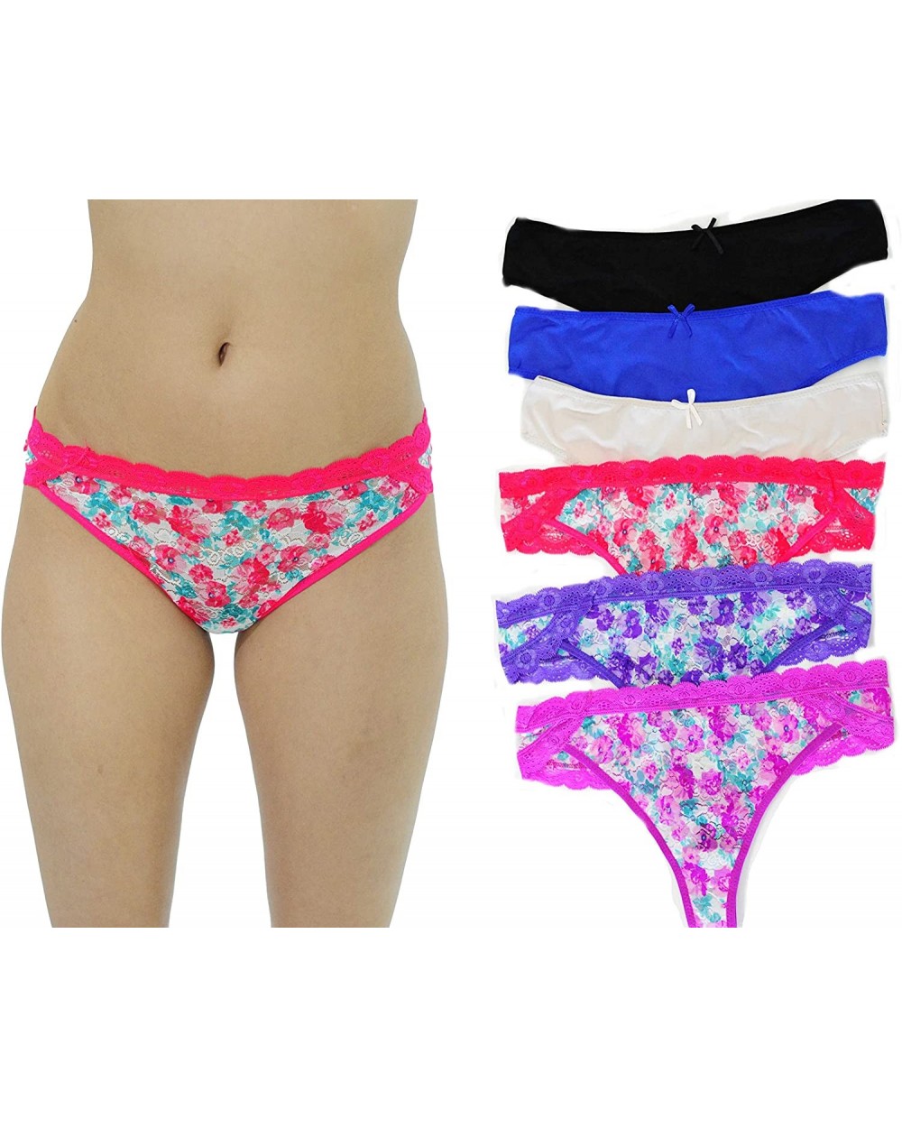 Thongs Panties for Women (Pack of 6) - Floral Lace/Solid Microfiber - C112OBHESFS $24.49 Panties