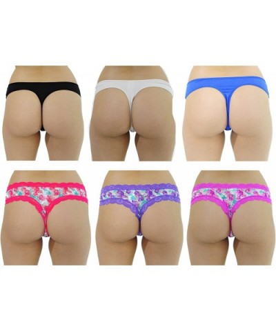 Thongs Panties for Women (Pack of 6) - Floral Lace/Solid Microfiber - C112OBHESFS $24.49 Panties