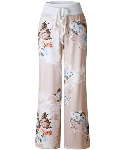 Women Comfy Pants Casual Pajama High Waist Stretch Floral Print Drawstring Palazzo Lounge Pants Wide Leg Khaki 1182 - C81962G...