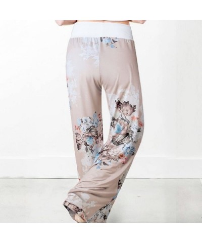 Women Comfy Pants Casual Pajama High Waist Stretch Floral Print Drawstring Palazzo Lounge Pants Wide Leg Khaki 1182 - C81962G...