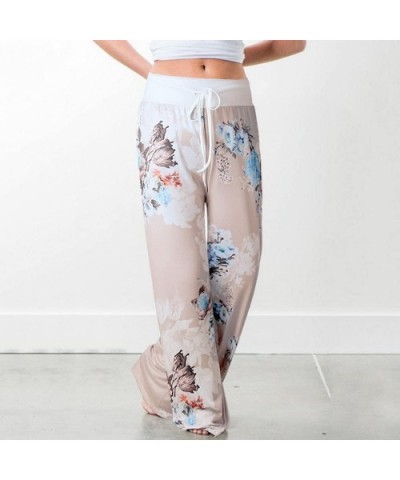 Women Comfy Pants Casual Pajama High Waist Stretch Floral Print Drawstring Palazzo Lounge Pants Wide Leg Khaki 1182 - C81962G...