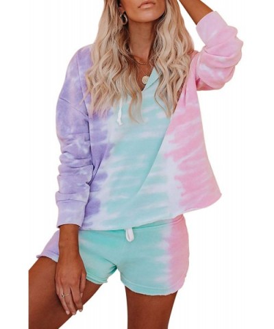 Womens Pajamas Set Tie Dye Ombre Printed Hoodie Sweatshirt with Drawstring Waist Shorts Casual Outfits Set A Purple - CL199RC...