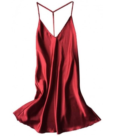 Women Sexy Satin Soft Sleepwear Chemises Lingerie Mini Babydoll Sleepwear Nightie Dress Satin Pajamas Cami Dress 2 Red - CT19...