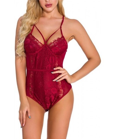 Women Valentine's Day Lingerie Sexy Eyelash Lace Bodysuit One Piece Lingerie Teddy Underwear - 01burgundy - C618U9NZ0WA $17.4...