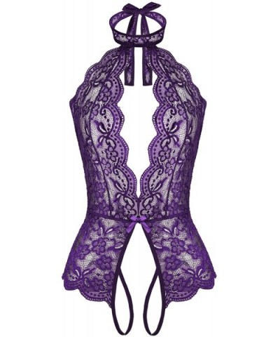 Women Teddy Lingerie Lace Halter Babydoll Bodysuit Lingerie - Dark Purple - CM18SY758DZ $34.27 Baby Dolls & Chemises