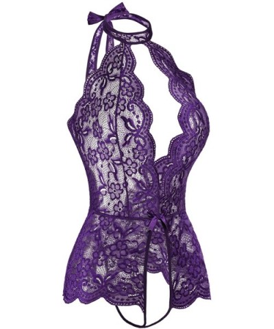 Women Teddy Lingerie Lace Halter Babydoll Bodysuit Lingerie - Dark Purple - CM18SY758DZ $34.27 Baby Dolls & Chemises