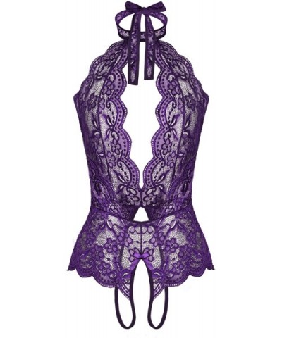 Women Teddy Lingerie Lace Halter Babydoll Bodysuit Lingerie - Dark Purple - CM18SY758DZ $34.27 Baby Dolls & Chemises