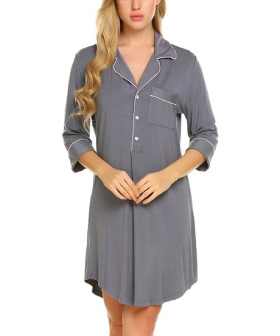 Nightgown Button Down Nightshirt 3/4 Sleeve &Half Sleeve Pajama Top Boyfriend Sleepshirt Nightdress for Women - Grey(3/4 Slee...