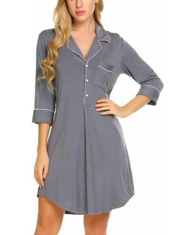 Nightgown Button Down Nightshirt 3/4 Sleeve &Half Sleeve Pajama Top Boyfriend Sleepshirt Nightdress for Women - Grey(3/4 Slee...