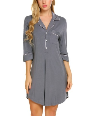 Nightgown Button Down Nightshirt 3/4 Sleeve &Half Sleeve Pajama Top Boyfriend Sleepshirt Nightdress for Women - Grey(3/4 Slee...