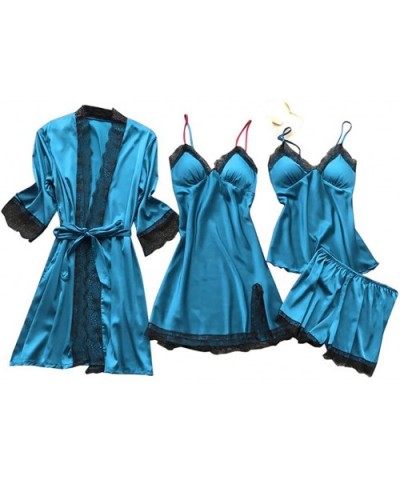 4Pcs Sexy Pajamas for Women Silky Sets Silk Satins Lace Sleepwear Black Strap Dress Robe Shorts & Pants Home Wear - Light Blu...