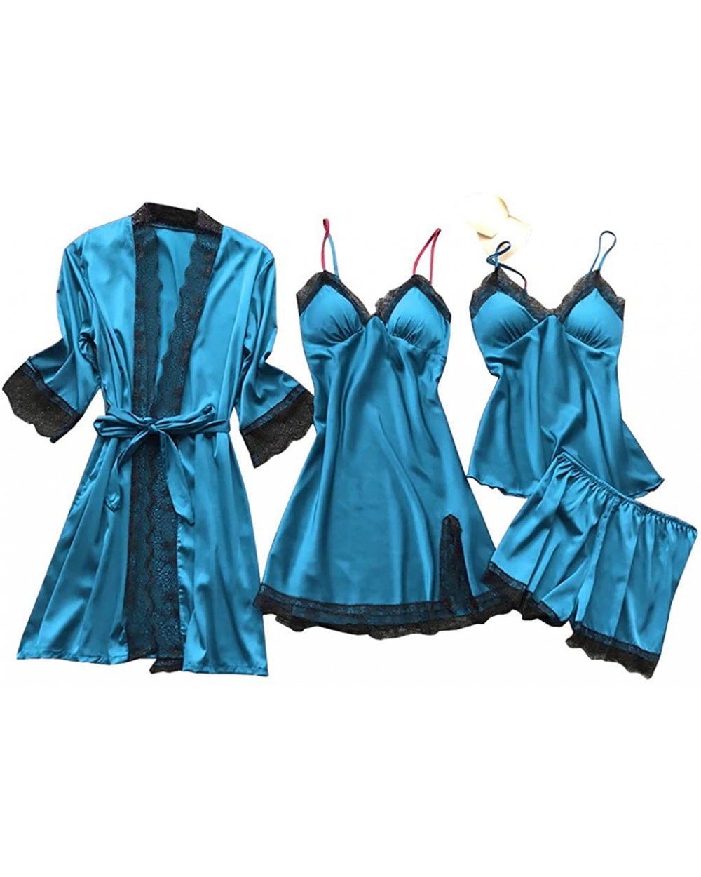 4Pcs Sexy Pajamas for Women Silky Sets Silk Satins Lace Sleepwear Black Strap Dress Robe Shorts & Pants Home Wear - Light Blu...