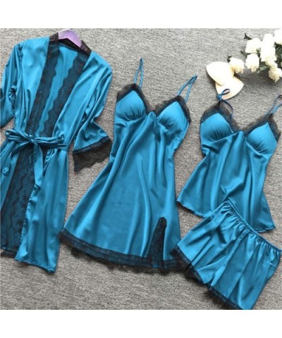 4Pcs Sexy Pajamas for Women Silky Sets Silk Satins Lace Sleepwear Black Strap Dress Robe Shorts & Pants Home Wear - Light Blu...