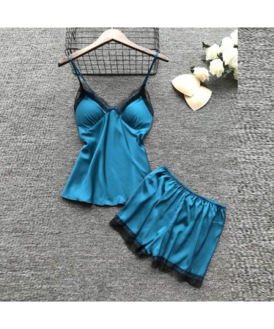 4Pcs Sexy Pajamas for Women Silky Sets Silk Satins Lace Sleepwear Black Strap Dress Robe Shorts & Pants Home Wear - Light Blu...