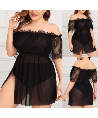 Babydoll Dress for Women Sexy Plus Size Lace Sheer Mesh Black Lingerie Off Shoulder Nightdress - Black - CY1965KLMLN $20.18 B...