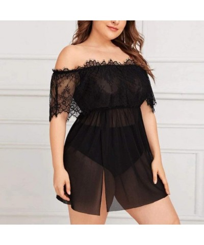 Babydoll Dress for Women Sexy Plus Size Lace Sheer Mesh Black Lingerie Off Shoulder Nightdress - Black - CY1965KLMLN $20.18 B...