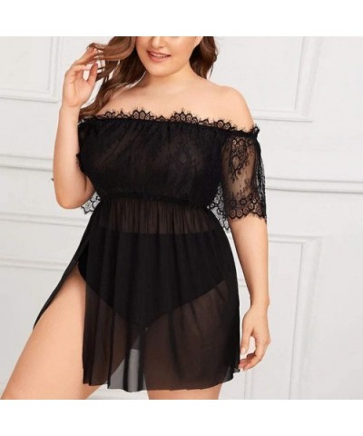 Babydoll Dress for Women Sexy Plus Size Lace Sheer Mesh Black Lingerie Off Shoulder Nightdress - Black - CY1965KLMLN $20.18 B...