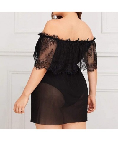 Babydoll Dress for Women Sexy Plus Size Lace Sheer Mesh Black Lingerie Off Shoulder Nightdress - Black - CY1965KLMLN $20.18 B...